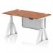 This desk has a sleek and modern design with a walnut top and white steel legs. The height can be adjusted for sitting or standing, and it features cable ports for organization. The white steel modesty panel adds style and the piste foot provides stability.