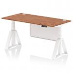 The dynamic sit stand and height adjustable desks have a modern design with an air modesty panel and cable ports. The desk is 1600 x 800mm and features a walnut top and white leg with a white steel modesty panel. The piste foot adds stability while the adjustable height allows for ergonomic comfort.