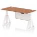 The dynamic sit stand and height adjustable desks have a modern design with an air modesty panel and cable ports. The desk is 1600 x 800mm and features a walnut top and white leg with a white steel modesty panel. The piste foot adds stability while the adjustable height allows for ergonomic comfort.