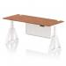 The photo shows a modern office desk that is 1800 x 800mm in size and features a walnut top with cable ports. The white leg and steel modesty panel give a clean and sleek look, while the piste foot adds a touch of uniqueness. The desk is also height adjustable, perfect for a dynamic sit-stand work setup.