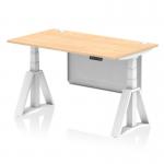 The picture shows a sleek and modern 1400 x 800mm maple top office desk with adjustable height and a white steel modesty panel. The desk also features cable ports and a piste foot for added comfort and functionality. It has a dynamic and versatile design, perfect for any office space.