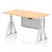 The picture shows a sleek and modern 1400 x 800mm maple top office desk with adjustable height and a white steel modesty panel. The desk also features cable ports and a piste foot for added comfort and functionality. It has a dynamic and versatile design, perfect for any office space.