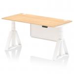 This image shows a maple top office desk with white steel legs and a modesty panel. It is equipped with cable ports and a piste foot for height adjustability. The sleek design and adjustable features make it a versatile option for a dynamic sit-stand workspace.