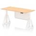 This image shows a maple top office desk with white steel legs and a modesty panel. It is equipped with cable ports and a piste foot for height adjustability. The sleek design and adjustable features make it a versatile option for a dynamic sit-stand workspace.