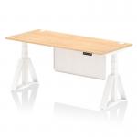 In the photo, a sleek maple top sits atop a white height adjustable desk with cable ports and a steel modesty panel. The desks air modesty legs add a modern touch, while the piste foot provides stability. Perfect for any dynamic work environment.