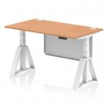 The picture shows a sleek and modern office desk, measuring 1400 x 800mm, with an oak top and white steel legs. It features a height adjustable design and cable ports for convenience. The desk also includes a white steel modesty panel and a piste foot for added support and stability.