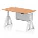 The picture shows a sleek and modern office desk, measuring 1400 x 800mm, with an oak top and white steel legs. It features a height adjustable design and cable ports for convenience. The desk also includes a white steel modesty panel and a piste foot for added support and stability.
