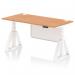 This image shows a sleek and modern office desk measuring 1600 x 800mm with a height adjustable feature. The desk has a natural oak top and white steel legs, with a piste foot for added stability. The desk also includes cable ports and a white steel modesty panel for a clean and professional look.