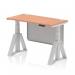 This photograph features a dynamic sit stand and height adjustable desk with a beech top and silver leg. It also has cable ports and a silver steel modesty panel, along with a piste foot for added support.