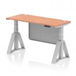 This picture features a dynamic sit stand and height adjustable desk, measuring 1400 x 600mm, with a beech top and silver steel modesty panel. The legs and piste foot are also silver, and cable ports allow for easy cord management. The desk is perfect for any modern office space.