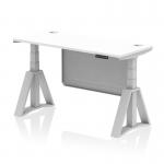 The picture shows a sleek, modern office desk with a white top and silver legs. The desk is equipped with cable ports for organization and a steel modesty panel for privacy. The height can be adjusted for comfortable sitting or standing, and there is a piste foot for added support.