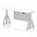 This image features a sleek and modern white top desk, with silver legs and a matching steel modesty panel. The desk is equipped with cable ports and a piste foot for added stability. Its 1600 x 600mm size can be easily adjusted for sitting or standing, making it perfect for any office space.