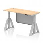 This picture features a modern and versatile workspace solution, the Dynamic Sit Stand and Height Adjustable Desks Air Modesty. The desk is 1400 x 600mm and has a sleek maple top, with cable ports for organization. The silver leg and steel modesty panel add a contemporary touch, and the desk includes a piste foot for easy movement. Perfect for any office space.