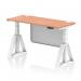 This picture shows a sleek, modern Dynamic Sit Stand and Height Adjustable Desk. The desk features an Air Modesty 1400 x 600mm Beech Top with Cable Ports and a White Leg. A matching White Steel Modesty Panel and Piste Foot add stability and style to the desk.