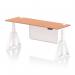 The photo captures a 1800 x 600mm height adjustable desk with a modern white steel modesty panel, featuring cable ports and a piste foot. The sleek design is accented by a beech top and white legs, creating a dynamic and versatile workspace for any office setting.