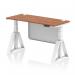 This picture shows a sleek and modern dynamic sit stand and height adjustable desk. The desk features a 1400 x 600mm walnut top with cable ports and a white steel modesty panel. The white legs and piste foot add a touch of elegance to the overall design. Perfect for any contemporary office space.