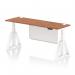 The photo shows a sleek and modern office desk with a walnut top and white steel legs. It is height adjustable and features cable ports and a white steel modesty panel. The air modesty desk is 1800 x 600mm and has a piste foot for added stability.
