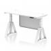The picture shows a modern and versatile office desk. It has a white top with cable ports, white legs, and a white steel modesty panel. The desk can be adjusted in height and has a piste foot for added stability. It measures 1400 x 600mm and is perfect for a dynamic and comfortable work environment.