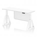 The image shows a white top office desk with adjustable height and a cable port. The desk also has a white steel modesty panel and a piste foot for stability. It is designed to promote dynamic sitting and standing to improve work productivity and posture.