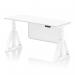 The image shows a white top office desk with adjustable height and a cable port. The desk also has a white steel modesty panel and a piste foot for stability. It is designed to promote dynamic sitting and standing to improve work productivity and posture.