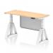 This picture features a modern 1400 x 600mm height adjustable office desk with a maple top and white steel modesty panel. The white leg and piste foot add a sleek touch. There are cable ports for easy organization. Perfect for any dynamic work setup.