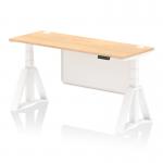 The image shows a spacious maple top height adjustable office desk, measuring 1600 x 600mm. It has white steel legs and a matching steel modesty panel, with cable ports for easy organization. The desk also features a dynamic sit stand function and a piste foot for added stability.