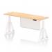 The photo shows a modern, versatile office desk with a sleek maple top and white steel legs. The desk is height adjustable and features cable ports for easy organization. A white steel modesty panel and piste foot complete the look of this dynamic, sit-stand desk.