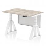 The picture shows a grey oak top desk with a white leg and a white steel modesty panel. The desk is 1200 x 800mm and has an adjustable height feature. It also has a piste foot for stability. Perfect for a modern and dynamic workspace.