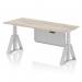 The image shows a sleek and modern dynamic sit stand and height adjustable desks air model. The desk has a grey oak top and silver leg with a silver steel modesty panel. It also features a piste foot for added stability. The desk measures 1800 x 800mm and is perfect for any office setting.