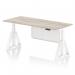 The photo features a versatile Dynamic Sit Stand and Height Adjustable Desk, measuring 1800 x 800mm. The desk boasts a stylish grey oak top and white leg, along with a white steel modesty panel and piste foot for added stability. The height adjustability allows for customized comfort while working.