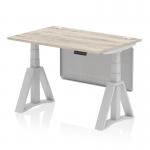This photograph features a dynamic sit stand and height adjustable desk with a grey oak top, silver leg, and steel modesty panel. The desk also includes cable ports and a piste foot for added functionality.