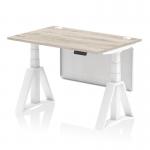 The picture shows a sleek and modern office desk with a grey oak top and white steel legs. The desk is 1200 x 800mm in size and features adjustable height options. It also includes convenient cable ports and a white steel modesty panel with a piste foot. The design allows for a dynamic sit-stand work style.
