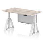 The photo shows a sleek and modern office desk, measuring 1400 x 800mm, with a grey oak top and white legs. It features cable ports and a piste foot for easy height adjustment. A white steel modesty panel adds a touch of privacy to the dynamic sit stand design.