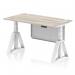 The photo shows a sleek and modern office desk, measuring 1400 x 800mm, with a grey oak top and white legs. It features cable ports and a piste foot for easy height adjustment. A white steel modesty panel adds a touch of privacy to the dynamic sit stand design.