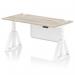 The picture shows a grey oak top office desk with a white leg and steel modesty panel. The desk is 1600 x 800mm in size and has built-in cable ports. It features a dynamic sit stand function and can be adjusted to your desired height. The bottom of the desk has a white piste foot for added stability.