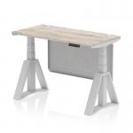 A photograph of a dynamic sit stand and height adjustable desk shows a sleek grey oak top with cable ports, silver legs, and a steel modesty panel. The desk measures 1200 x 600mm, with a piste foot for stability.