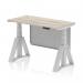 A photograph of a dynamic sit stand and height adjustable desk shows a sleek grey oak top with cable ports, silver legs, and a steel modesty panel. The desk measures 1200 x 600mm, with a piste foot for stability.