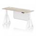 The image shows a sleek and modern office desk with a grey oak top and white leg. It is height adjustable and has cable ports for easy organization. The white steel modesty panel adds a clean and professional touch, while the built-in piste foot provides stability. This desk is perfect for any dynamic and productive work environment.