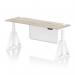 This photo features a dynamic sit stand and height adjustable desk, measuring 1800 x 600mm. The desk has a grey oak top and white steel legs with a white modesty panel. It also includes cable ports and a piste foot for added functionality.