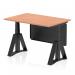 The photograph displays a dynamic sit stand and height adjustable office desk with a 1200 x 800mm beech top and black legs. The desk also features a black steel modesty panel and a piste foot for stability. It is a versatile and modern addition to any workspace.
