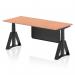 This photo shows a Dynamic Sit Stand and Height Adjustable Desk in size 1800 x 800mm. The desk has a beech top and black leg, along with a black steel modesty panel and piste foot.