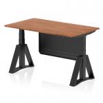 This picture is showcasing a sleek and modern Dynamic Sit Stand and Height Adjustable Desk. The desk features a 1400 x 800mm walnut top and black leg, along with a black steel modesty panel and piste foot. It can be adjusted in height for maximum comfort and productivity.