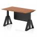 This picture is showcasing a sleek and modern Dynamic Sit Stand and Height Adjustable Desk. The desk features a 1400 x 800mm walnut top and black leg, along with a black steel modesty panel and piste foot. It can be adjusted in height for maximum comfort and productivity.