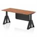 This photo features a sleek and modern Dynamic Sit Stand and Height Adjustable Desk. The desk has a 1800x800mm walnut top and black steel legs, with a piste foot for stability. The black modesty panel adds a touch of sophistication to this versatile office desk.