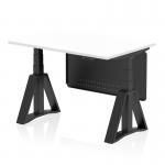 This photograph features a modern office desk with a white top and black adjustable legs. A black steel modesty panel adds style and privacy, while a piste foot provides support. This dynamic sit stand desk allows for customizable height adjustments, making it perfect for any workspace.