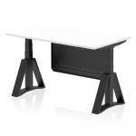 This picture shows a sleek, modern Dynamic Sit Stand and Height Adjustable Desk. It features a white top and black steel legs, with a black steel modesty panel and a piste foot for added support. The desk measures 1400 x 800mm and is perfect for any office environment.