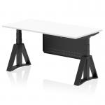 This image shows a sleek and modern height adjustable office desk with a white top and black leg. The desk also features a black steel modesty panel and a piste foot for added support. Its dynamic sit stand capabilities make it a versatile option for any workspace.