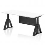 The photo shows a sleek, modern office desk with a white top and black legs. It can be adjusted in height and features a steel modesty panel and piste foot for added stability. The desk is designed for a dynamic sit-stand work style and has dimensions of 1800 x 800mm.