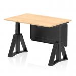 This photograph captures a sleek and modern office desk, measuring 1200 x 800mm. The desk boasts a stylish maple top with black steel legs and a matching modesty panel. The air modesty feature and piste foot provide adjustability and comfort for a dynamic sit-stand work experience.