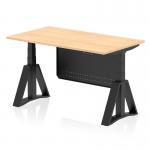 The picture captures a modern office setup with a dynamic sit stand and height adjustable desk. The desk features a 1400 x 800mm maple top, supported by sleek black legs. A black steel modesty panel adds style and functionality to the desk, while the piste foot ensures stability.